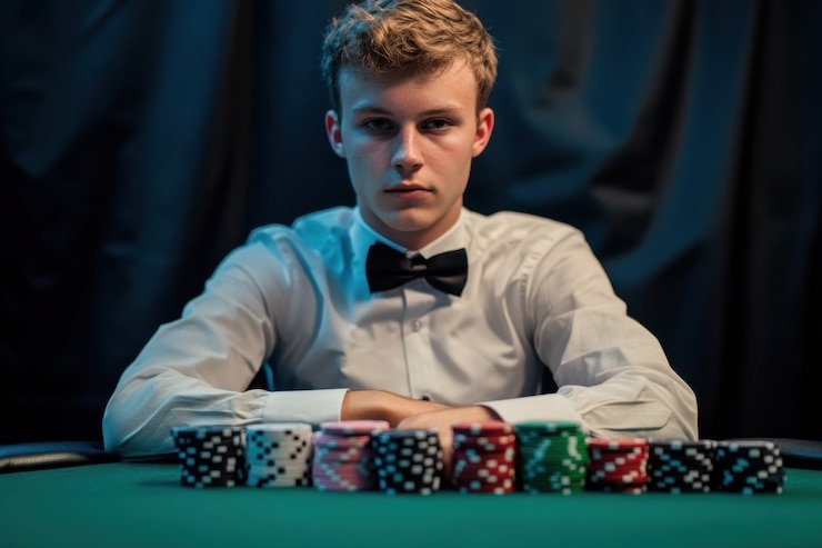 Dealer kasino langsung sedang mengatur permainan blackjack pada tabel di toto987